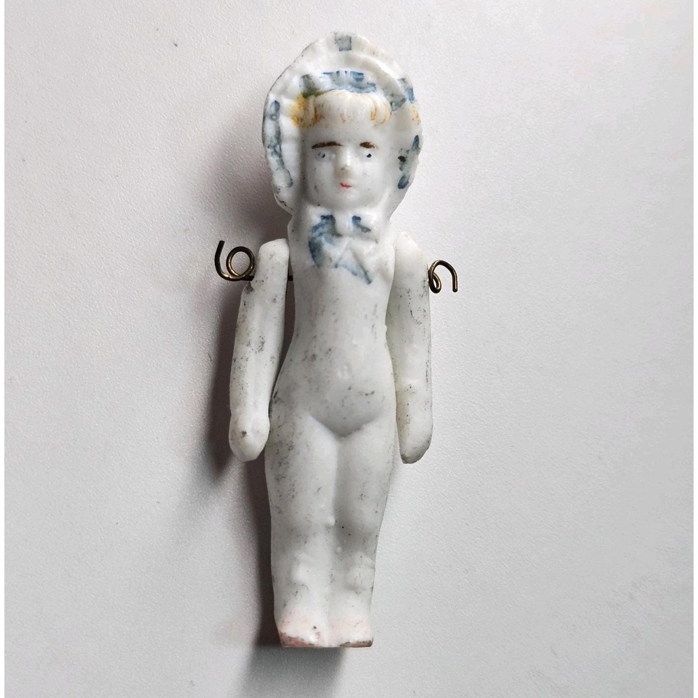 Vtg German 2" Bisque Doll Tiny Figurine White Blue Bennett Spring Held Body